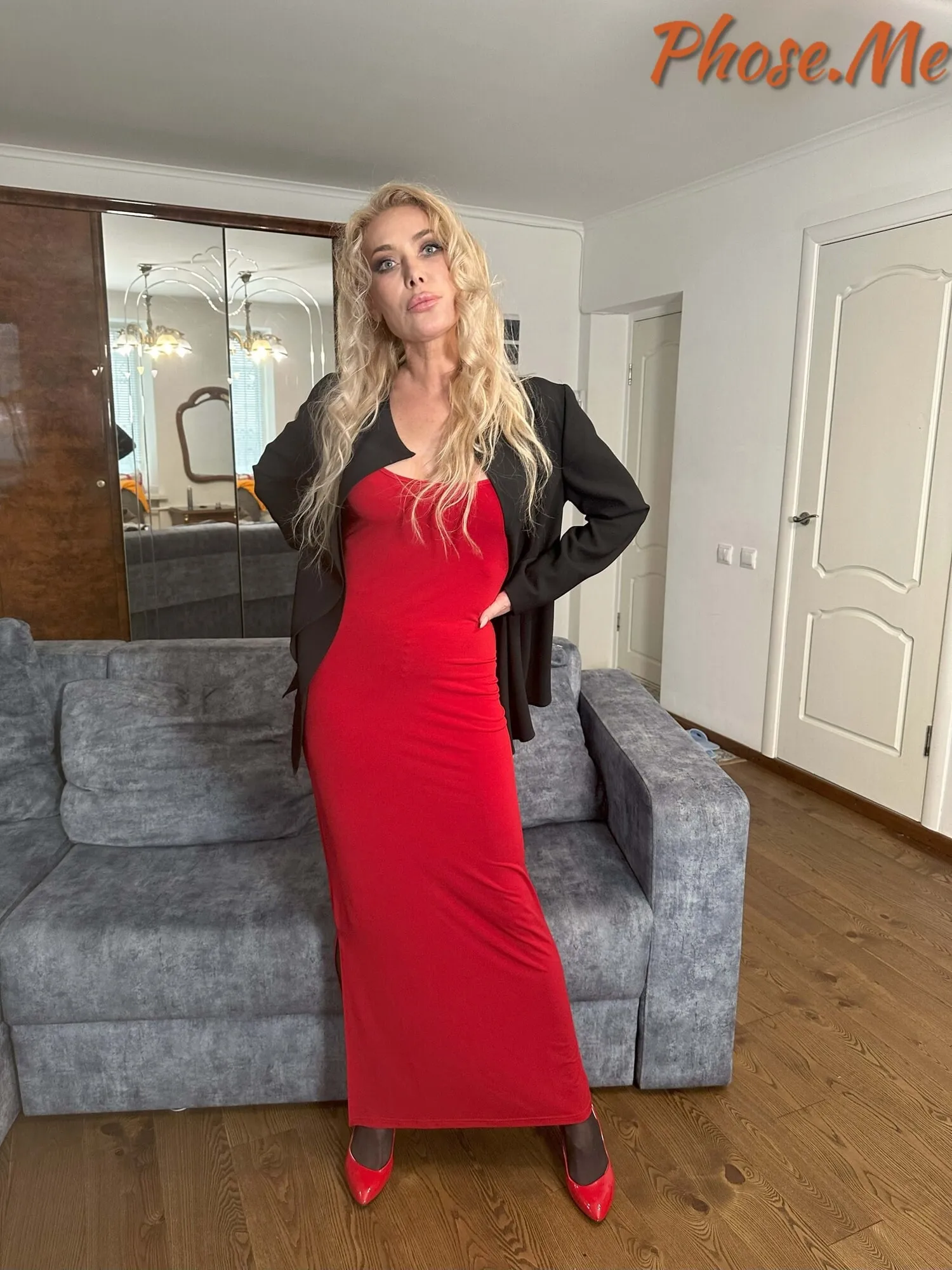 Blonde Milf In Red Slit Dress Black Pantyhose And Heels Pics