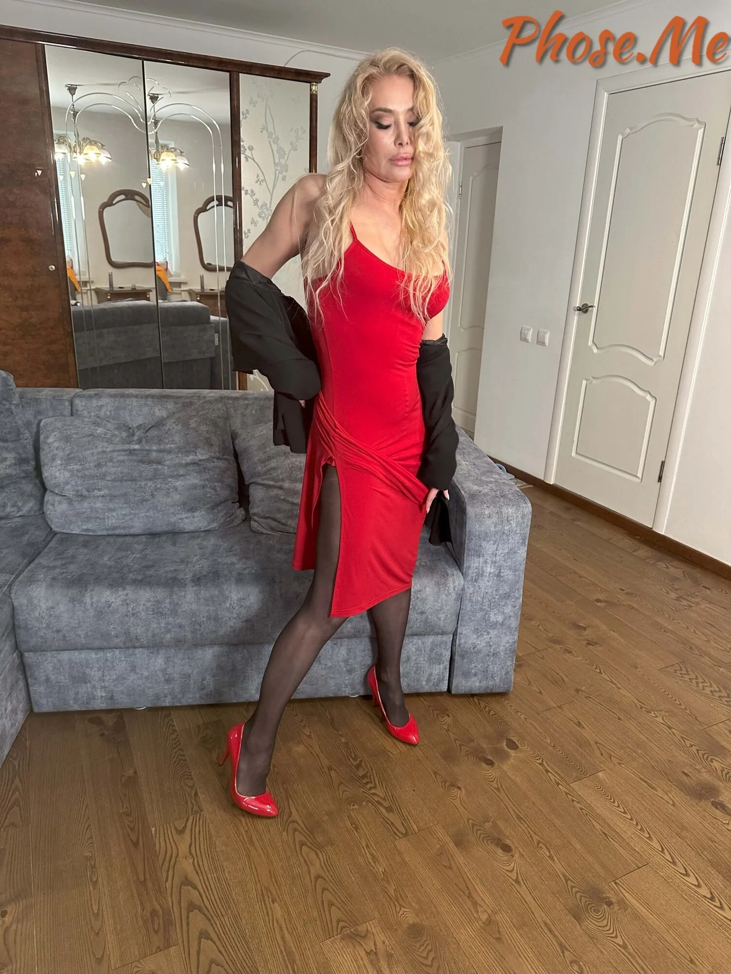 Blonde MIlf In Red Slit Dress Black Pantyhose And Heels 28 Pics