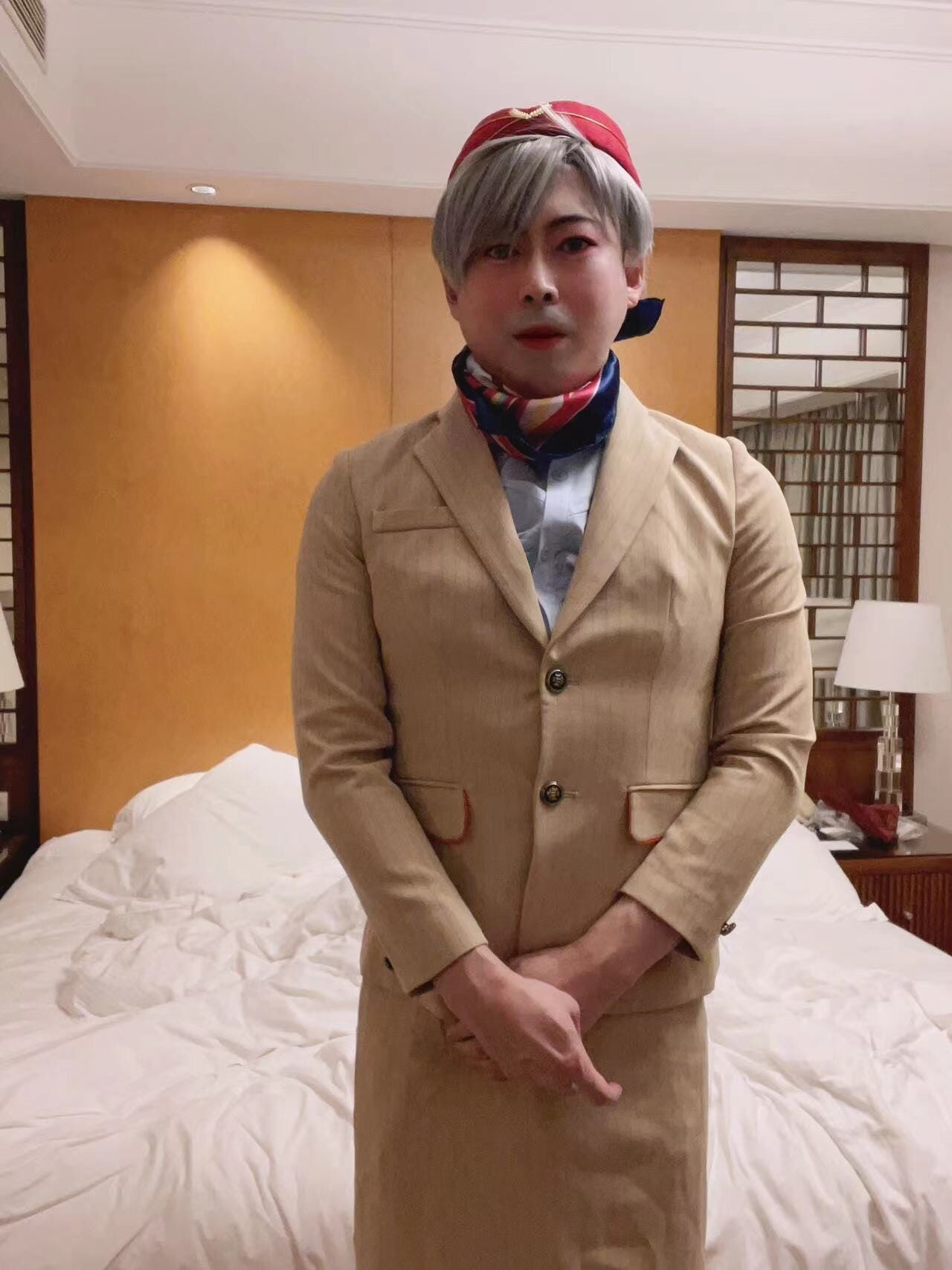 Asian femboy sissy in Emirates flight attendant dress #3