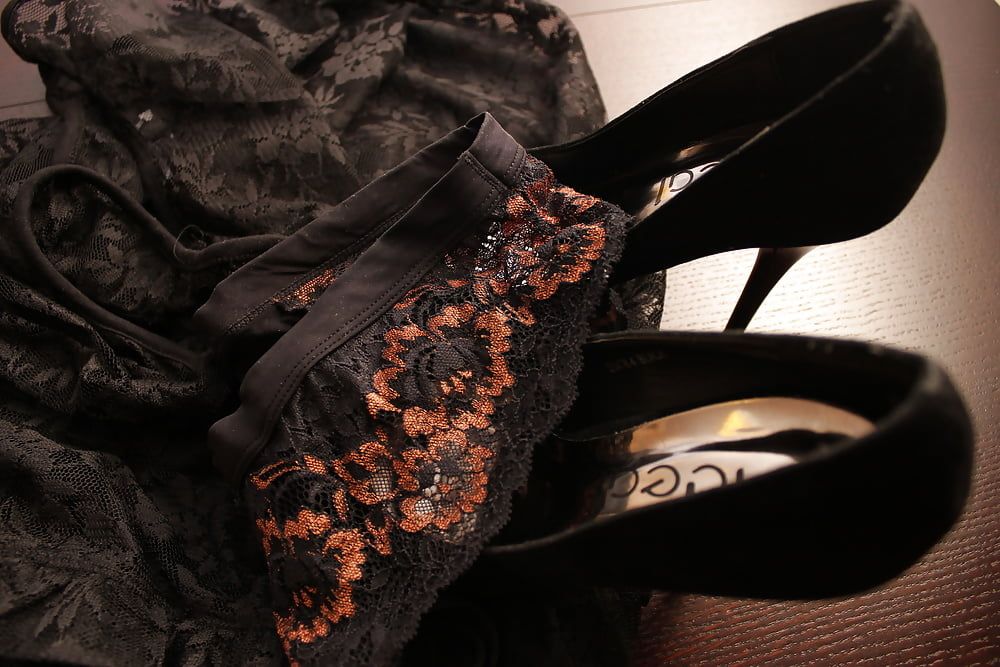 All black:heels, panties, suspenders, stockings, dress, cum #30