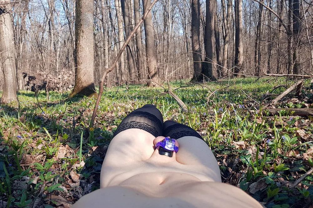 Sissy Annie in chastity, outdoors in the forest #11
