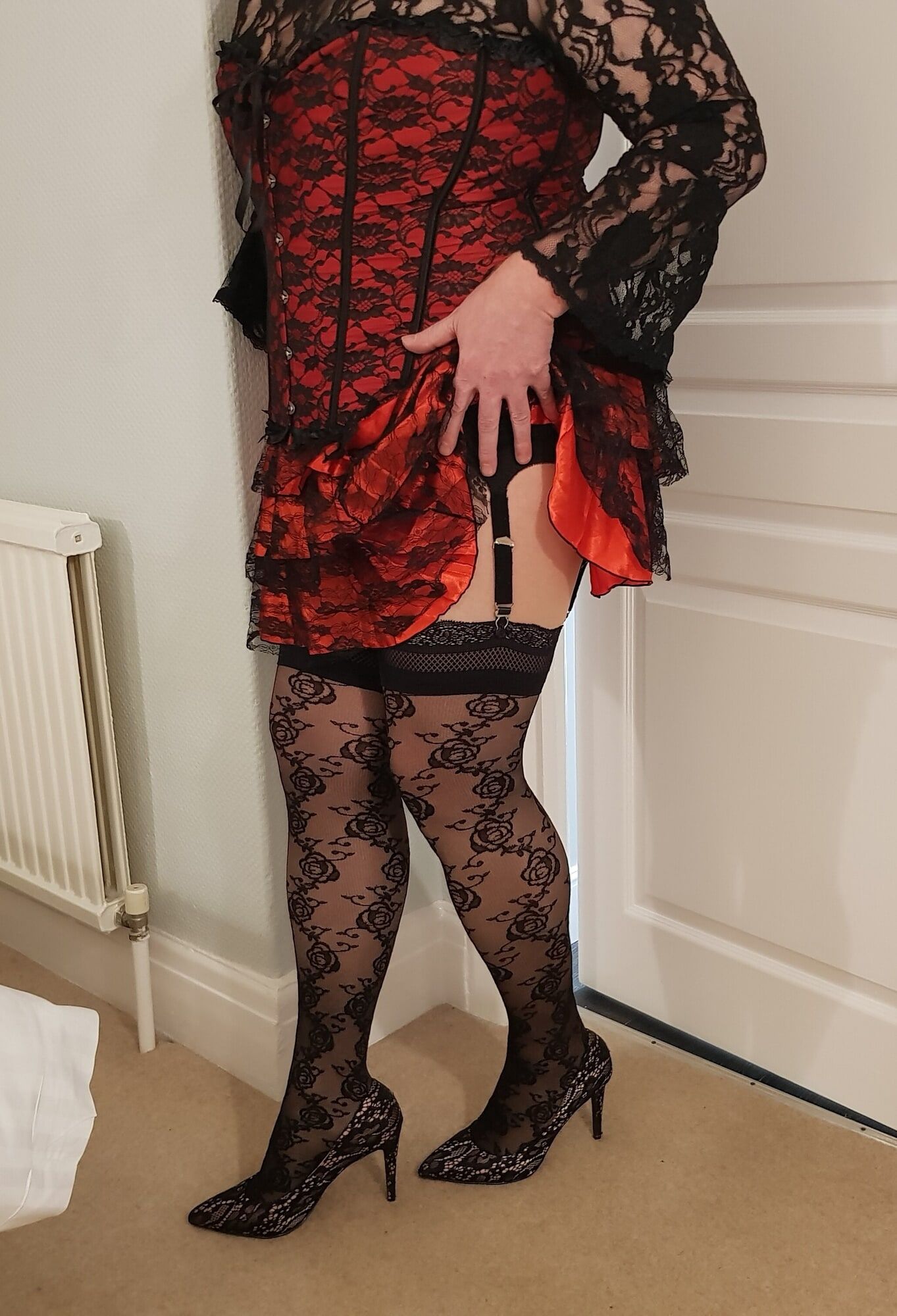Crossdressing in floral lace lingerie, skirt and heels #4