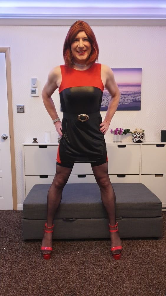 TGirl Lucy posing and playing in black and red bodycon dress #4