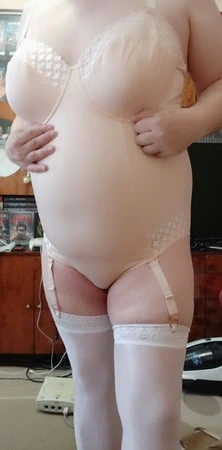 sissy aleksa posing in new white bodysuit and stockings         