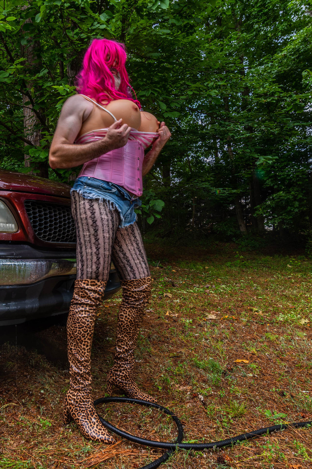 Gigantic fake tits crossdresser washing my truck in Daisy Du #24