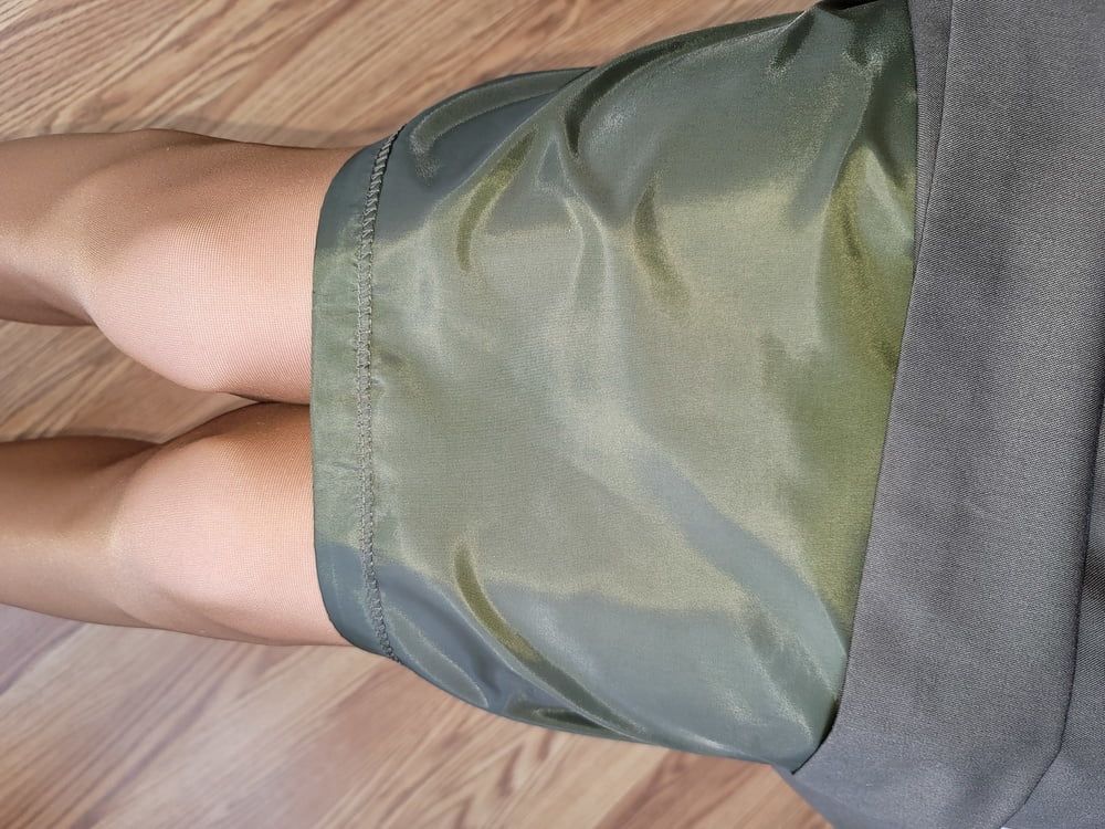 Lined green office pencil skirt with glossy pantyhose  #16