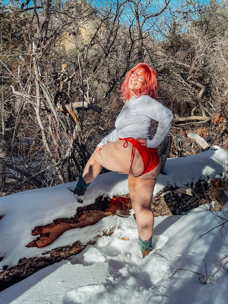 Deeper in the woods Naked and bent over in the snow