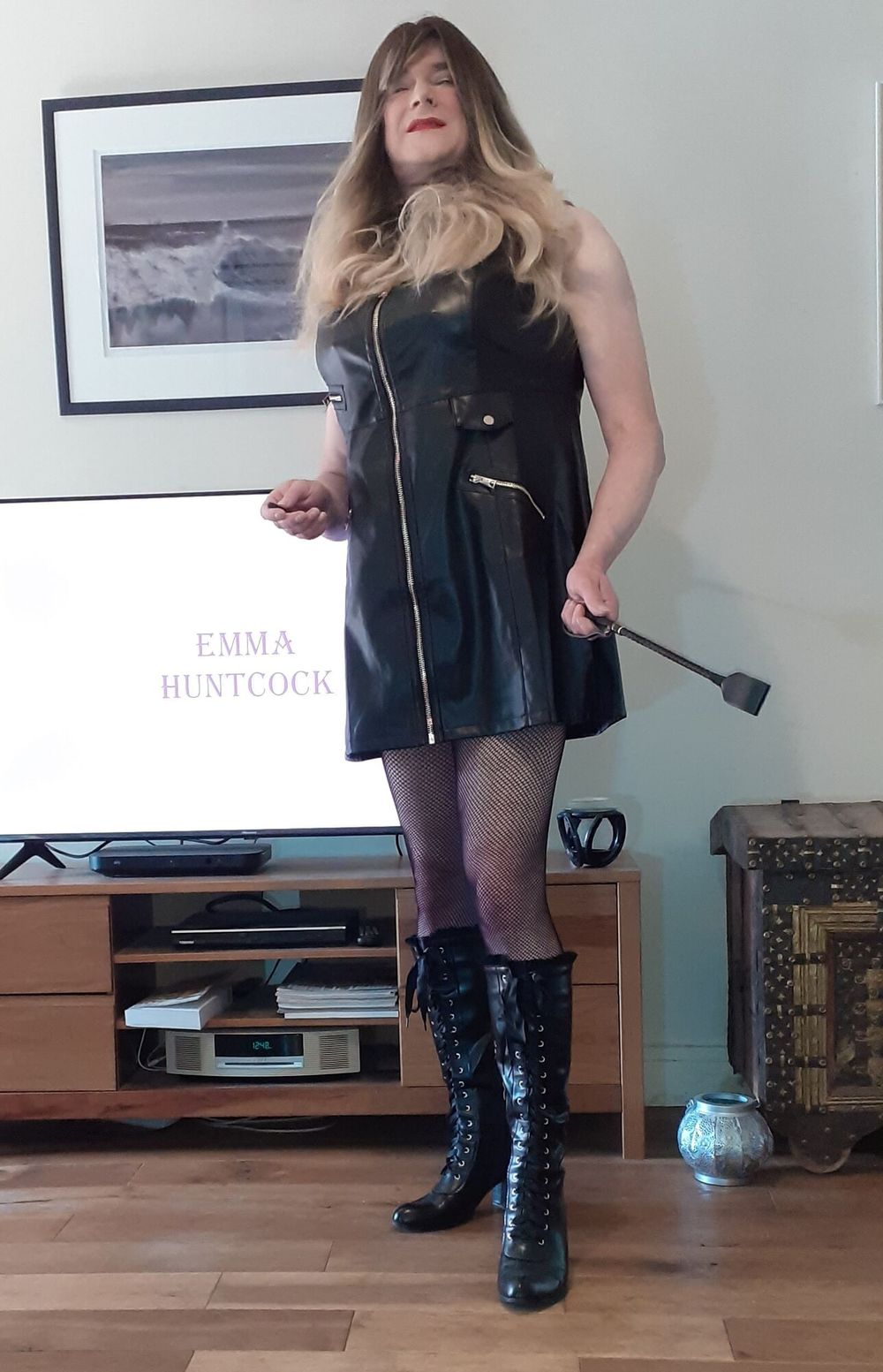 crossdressed in black leather dress #21