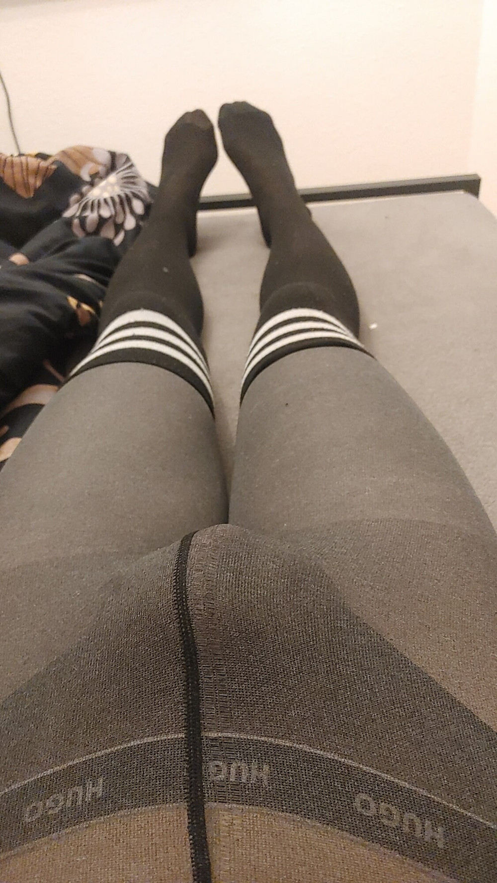 Grey seethrought panthose and black overknees #4