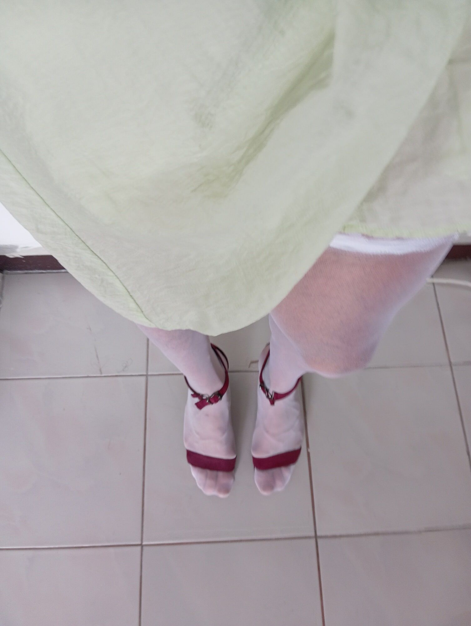 my pastel green dress with my white stockings #3