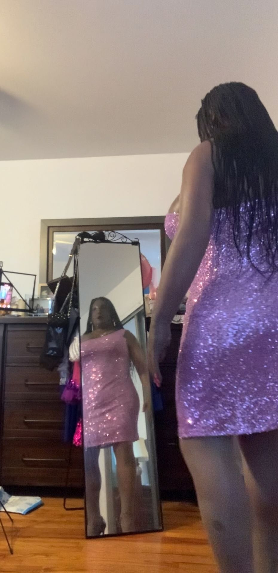 Danae in purple asymmetric glitter dress #8