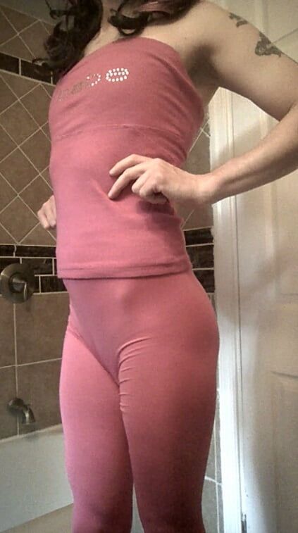 White Sissy CD Trap Pink Spandex Pants and Top Silver Heels