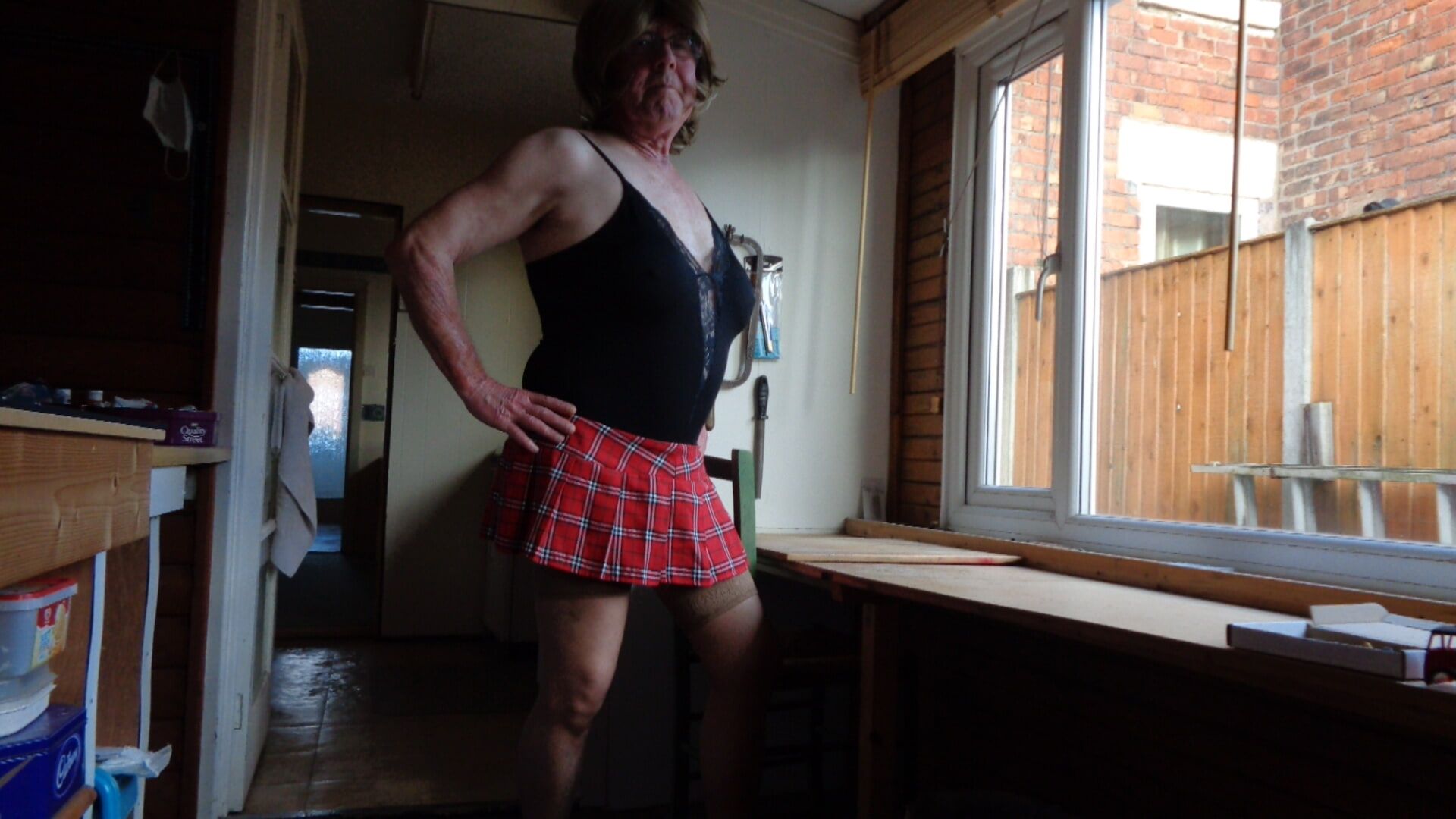 Short skirt and body stocking.