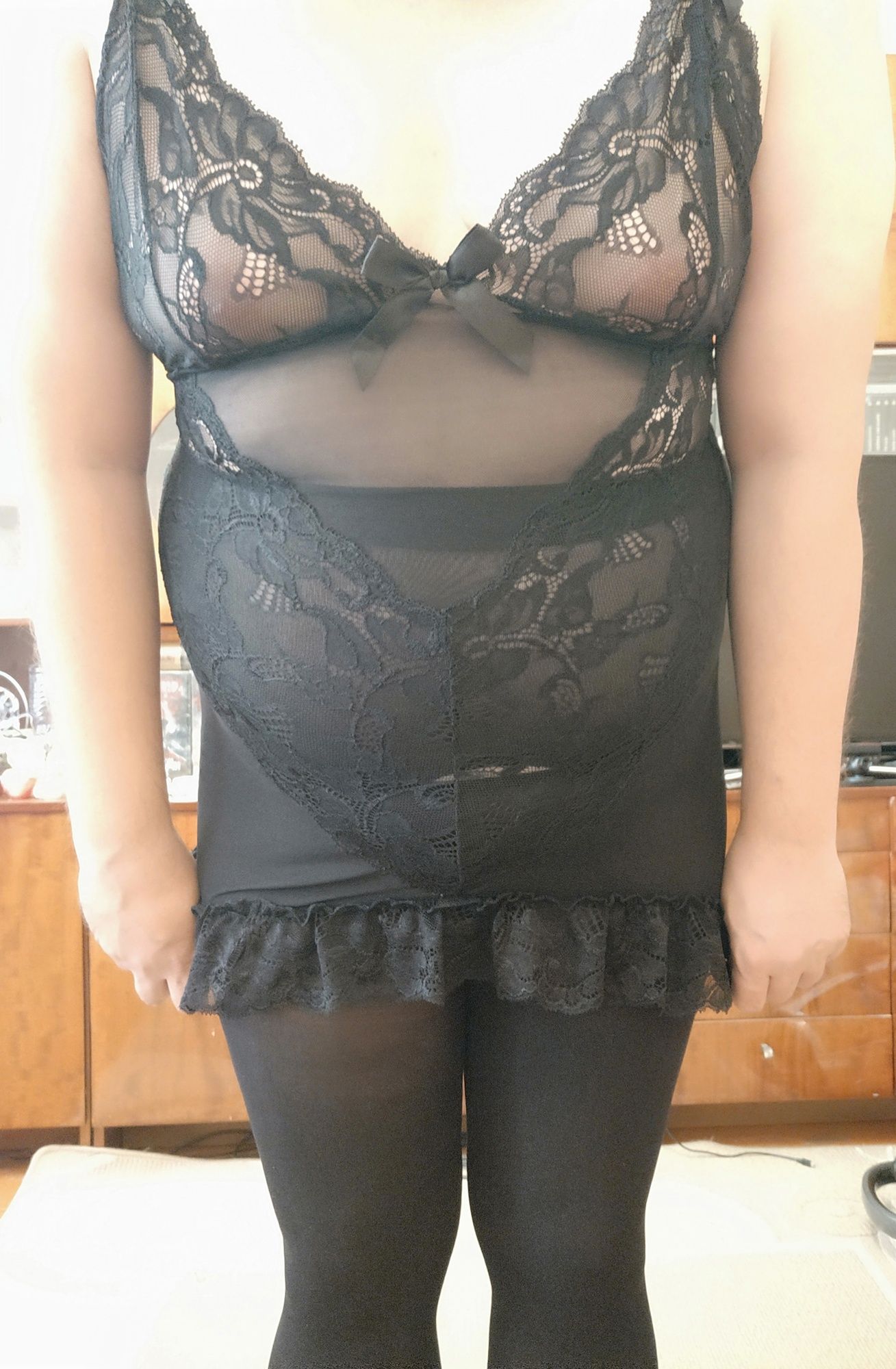 Sissy posing small tits in black nightwear #35