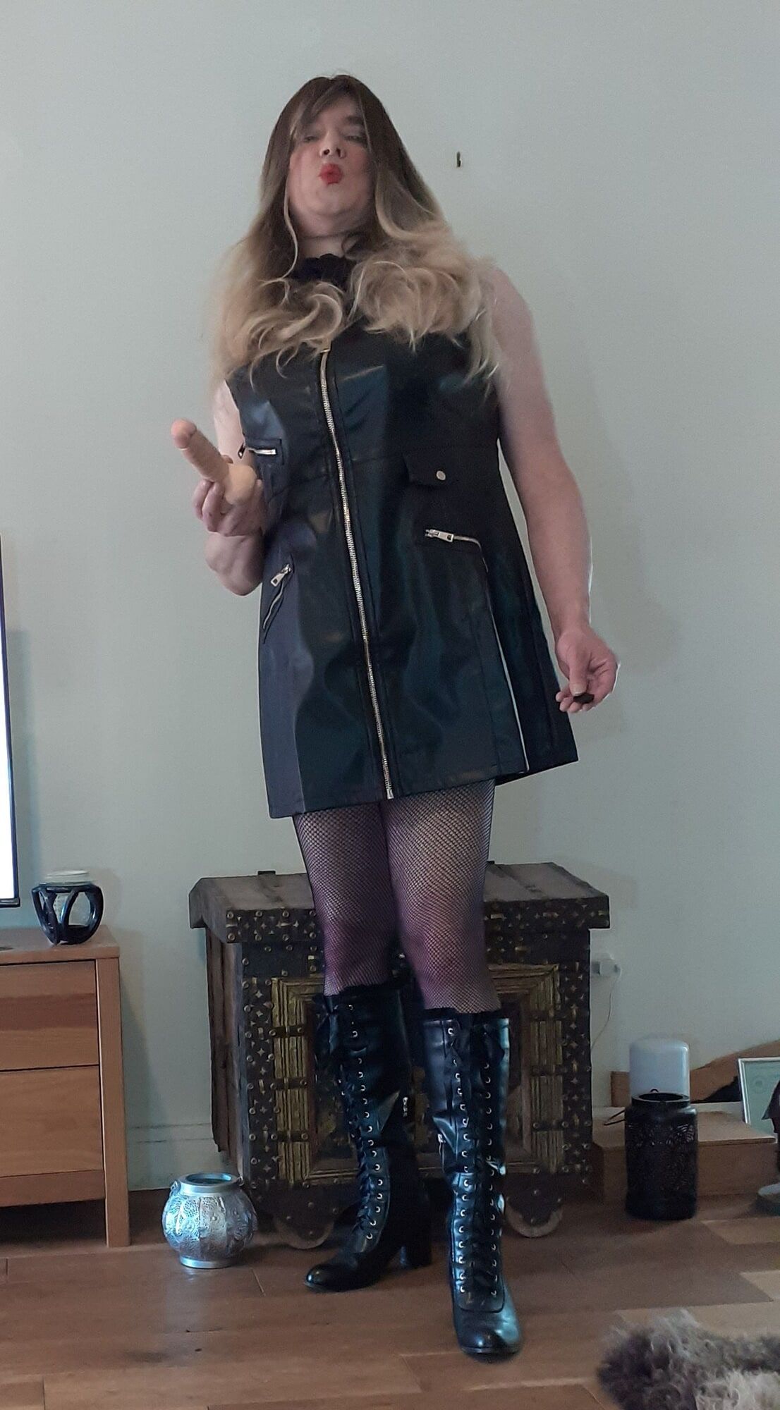 crossdressed in black leather dress #37