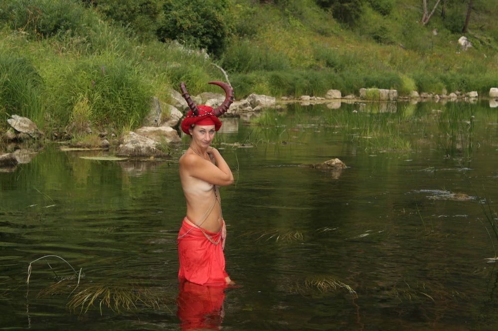 With Horns In Red Dress In Shallow River #5