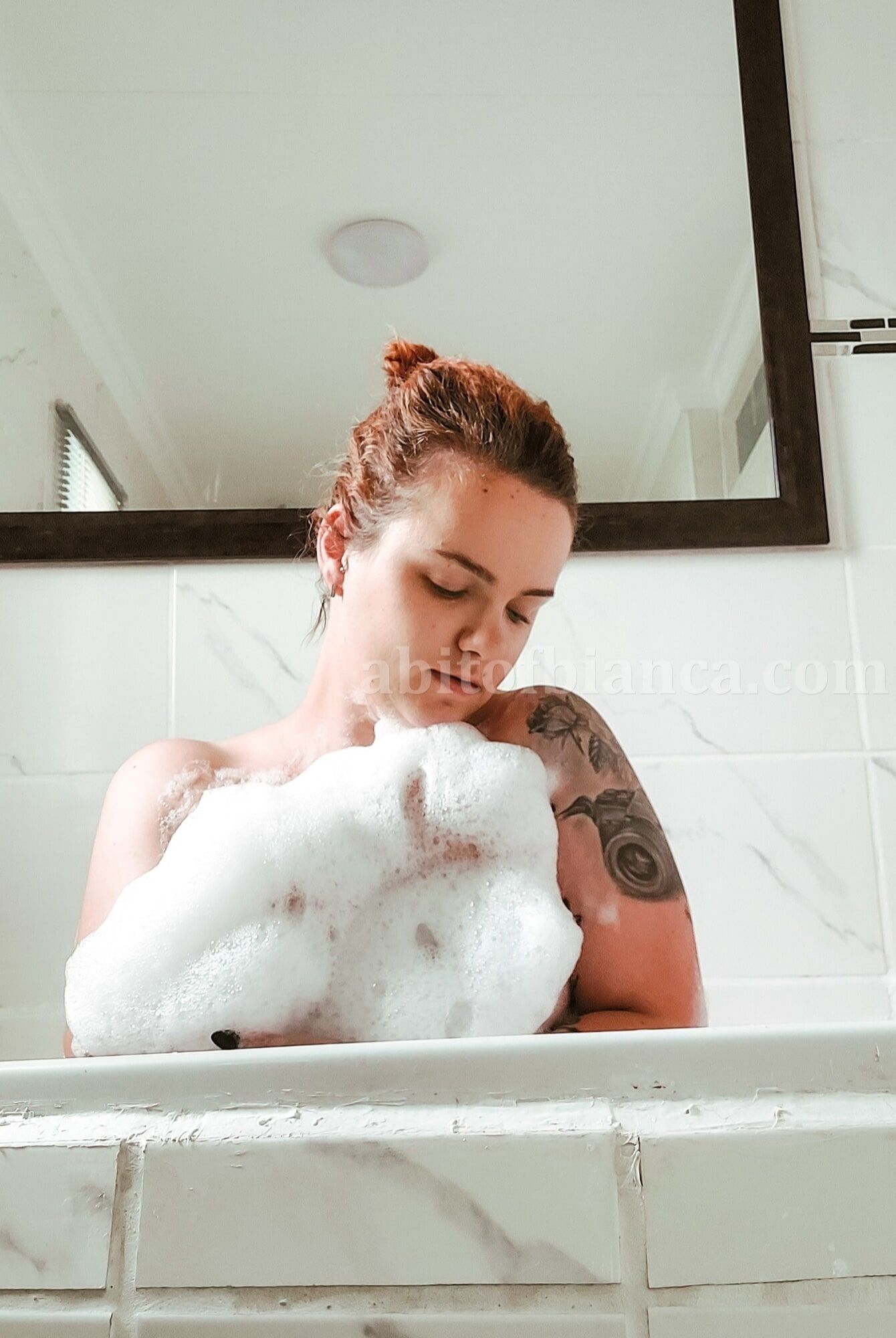 ABitofBianca hot tattooed redhead playing in a bubble bath #4