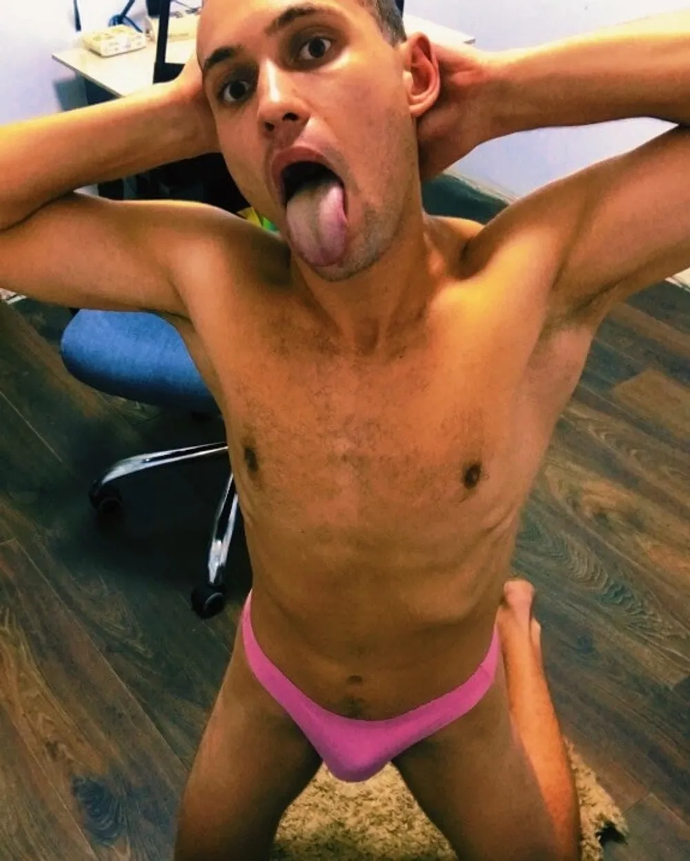 Twink boy poses in a pink thong  #3