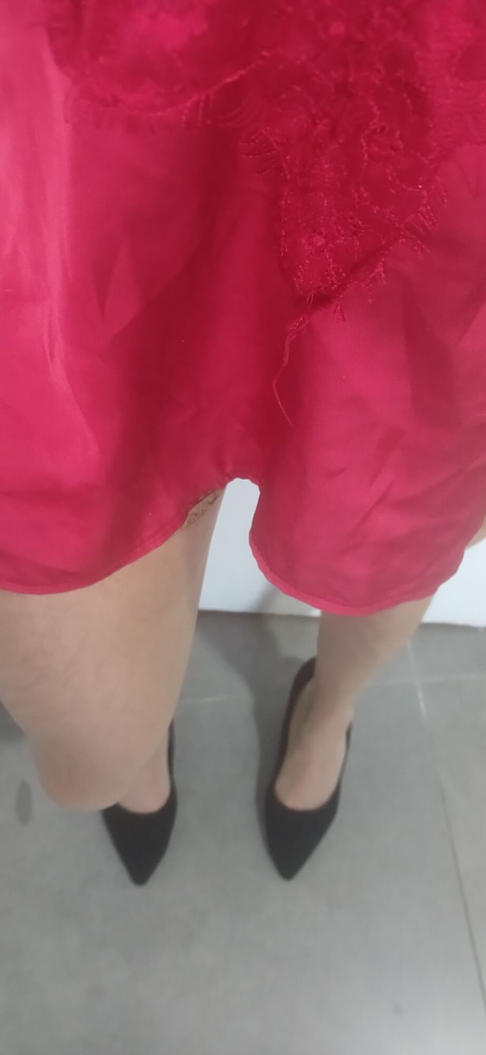 In a little satin red nightie and heels #8