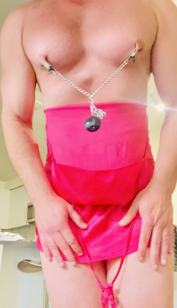 Posing In Sexy Pink Satin Dress with Strong Nipple Clamps 