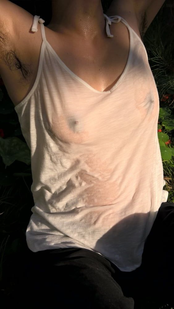 My Beautiful hairy wife in wet t shirt in the garden #7
