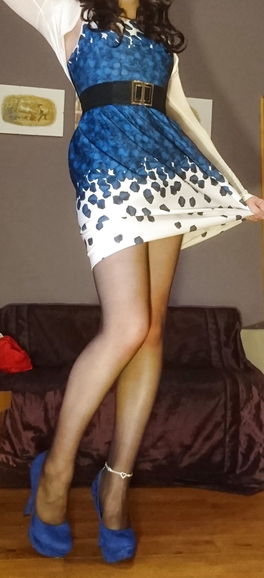 Marie crossdresser blue dress and sheer pantyhose #4