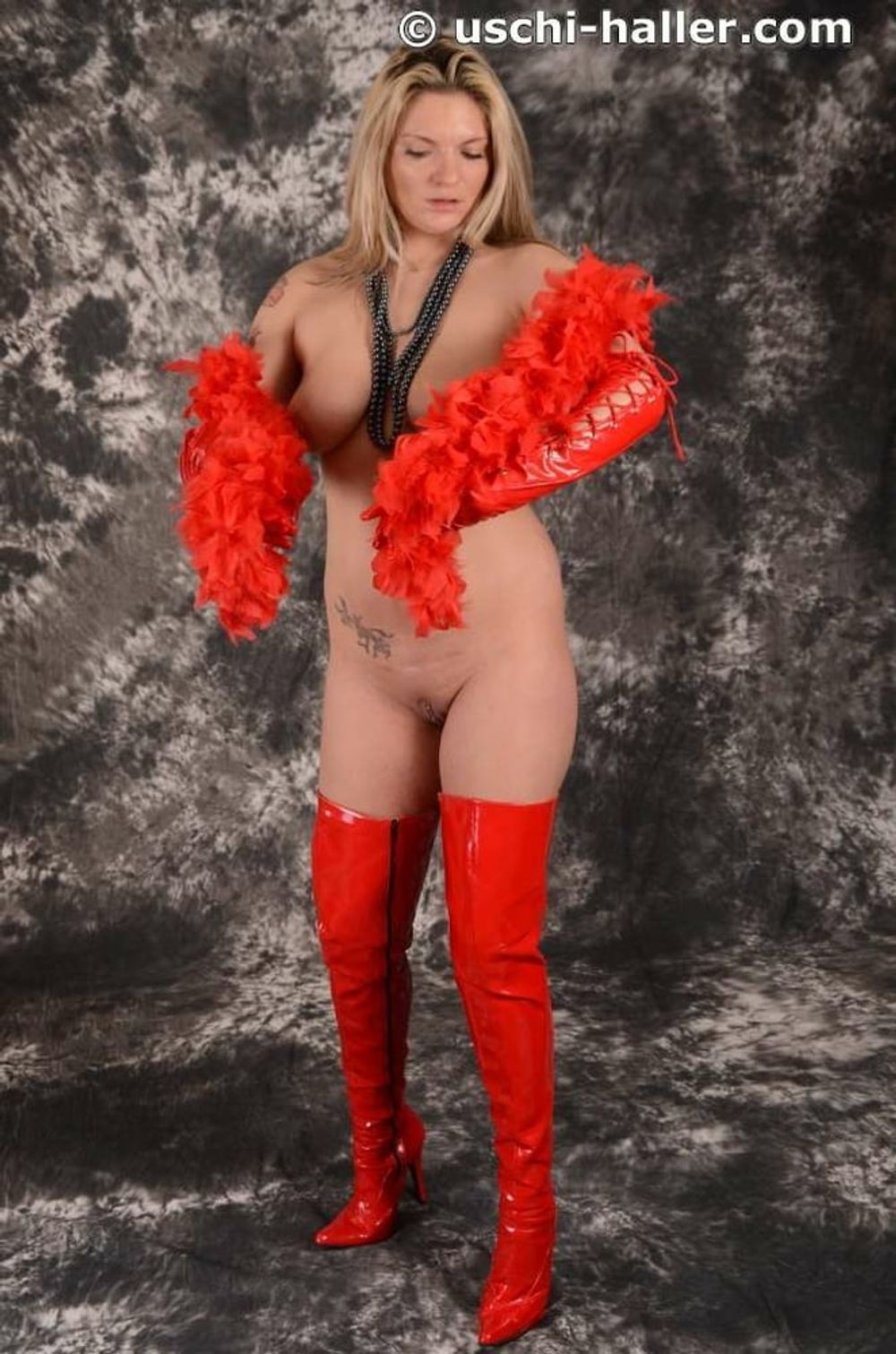 MILF Arabella May in red high boots, gloves &amp; feather boa #10