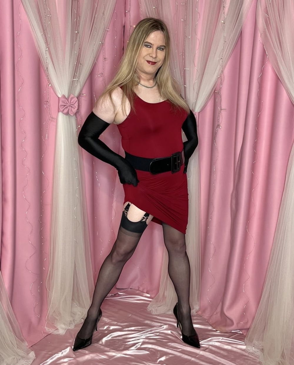 Joanie - Red Dress and Y Strap Garter Belt #15