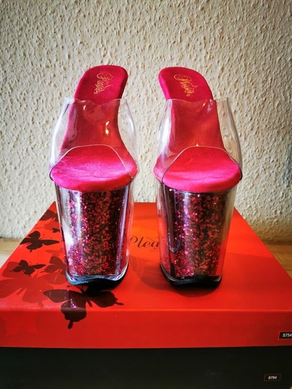 Pleaser Flamingo Pink Glitter Heels++Hold-Up Nylon Stockings #13