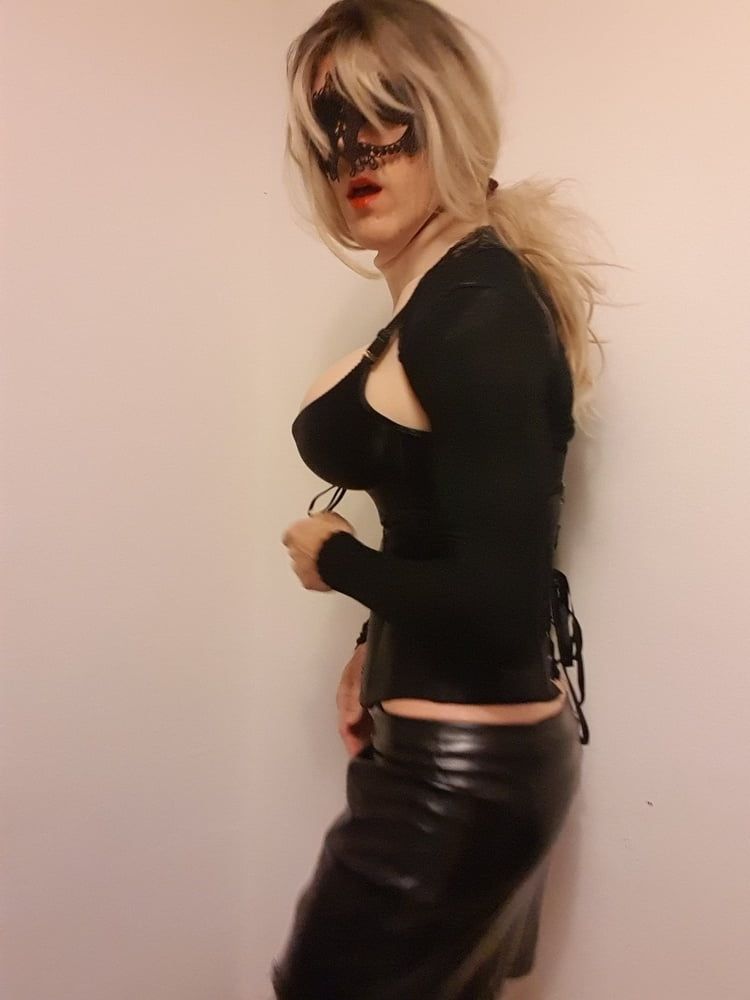 Sexy blonde trans, big tits, leather skirt #5