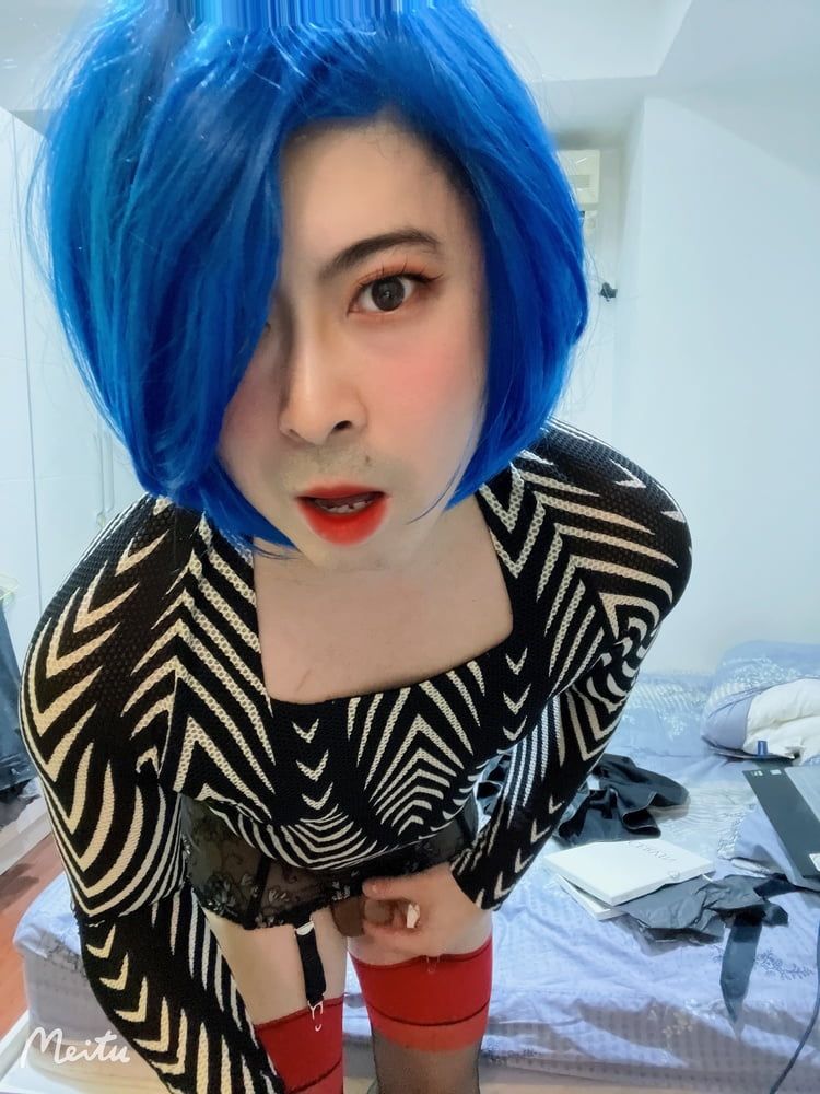 In blue wig and black stockings #4