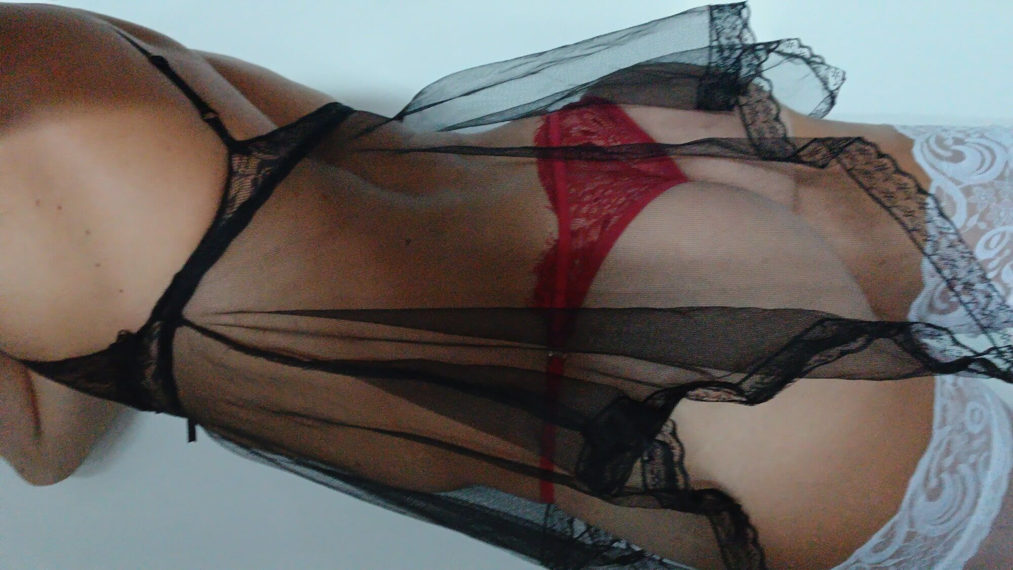 Sexy transparent BLACK nightie RED pantie WHITE stoking  #12