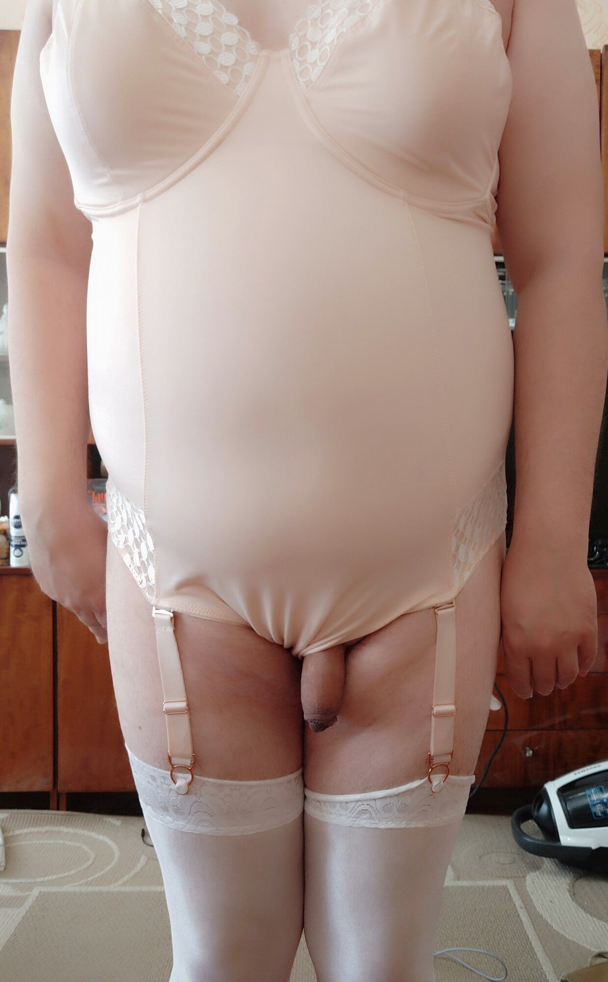 sissy Aleksa posing in new white bodysuit and stockings #20