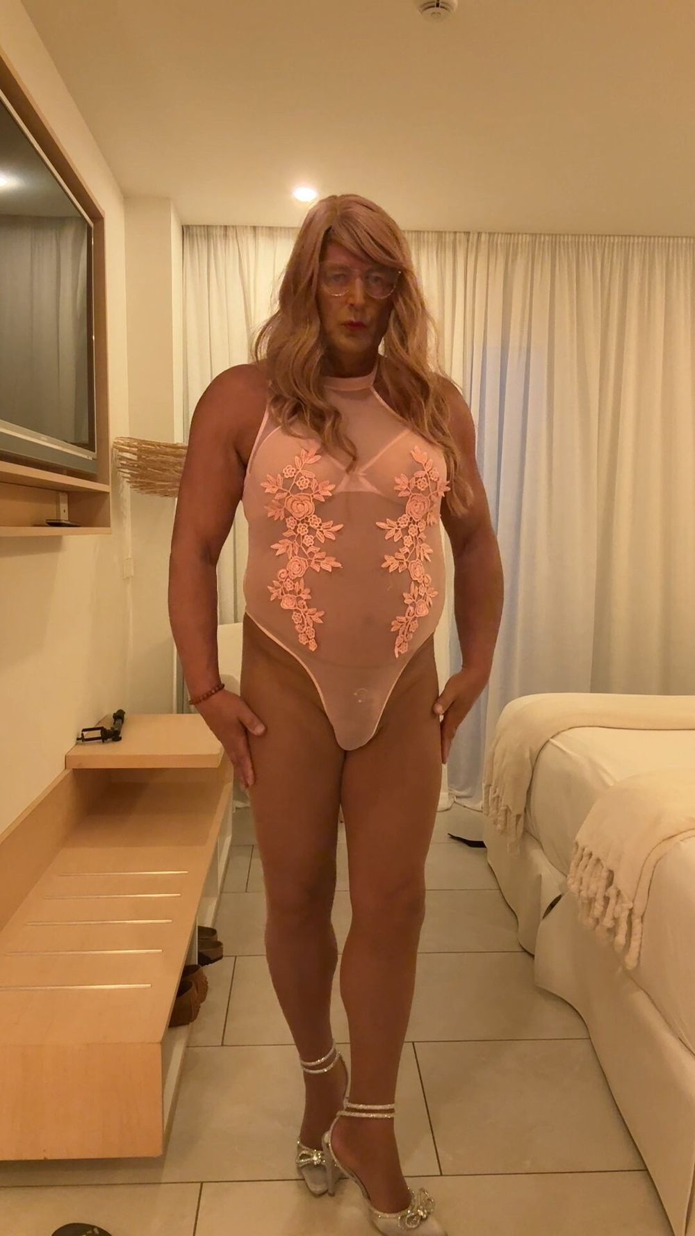 Sexy Crossdresser kellycd2022 in pink bodysuit and pantyhose #47