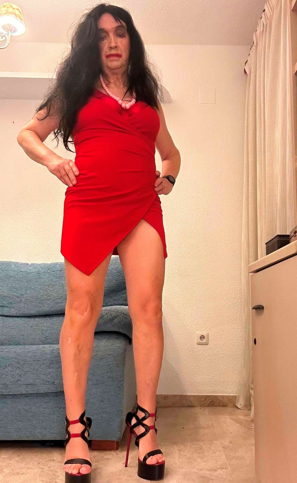 Beautiful shemale poses high heels red dress living room #11
