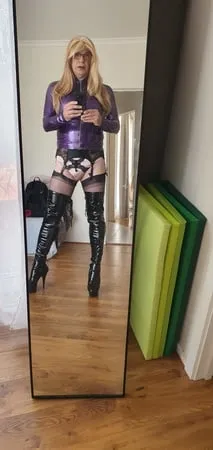 purple latex and long blonde         