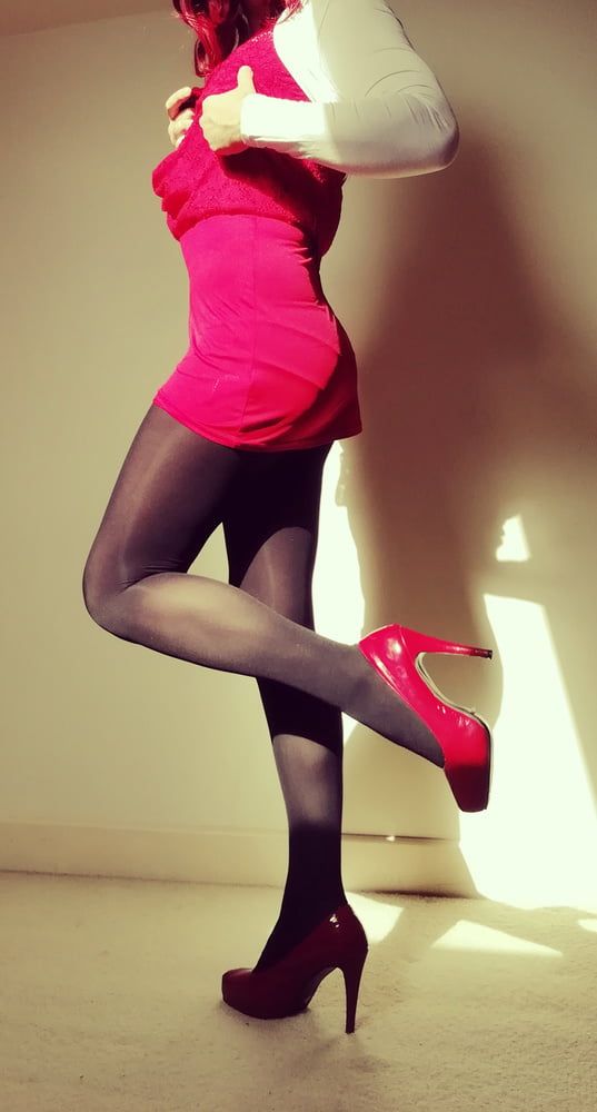 Marie crossdresser in red dress and opaque tights