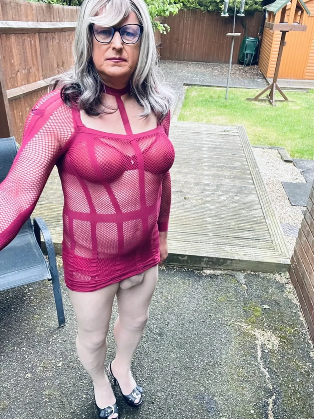 Crossdresser Kellycd in purple fishnet dress  #17