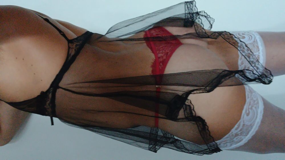 Sexy transparent BLACK nightie RED pantie WHITE stoking #14