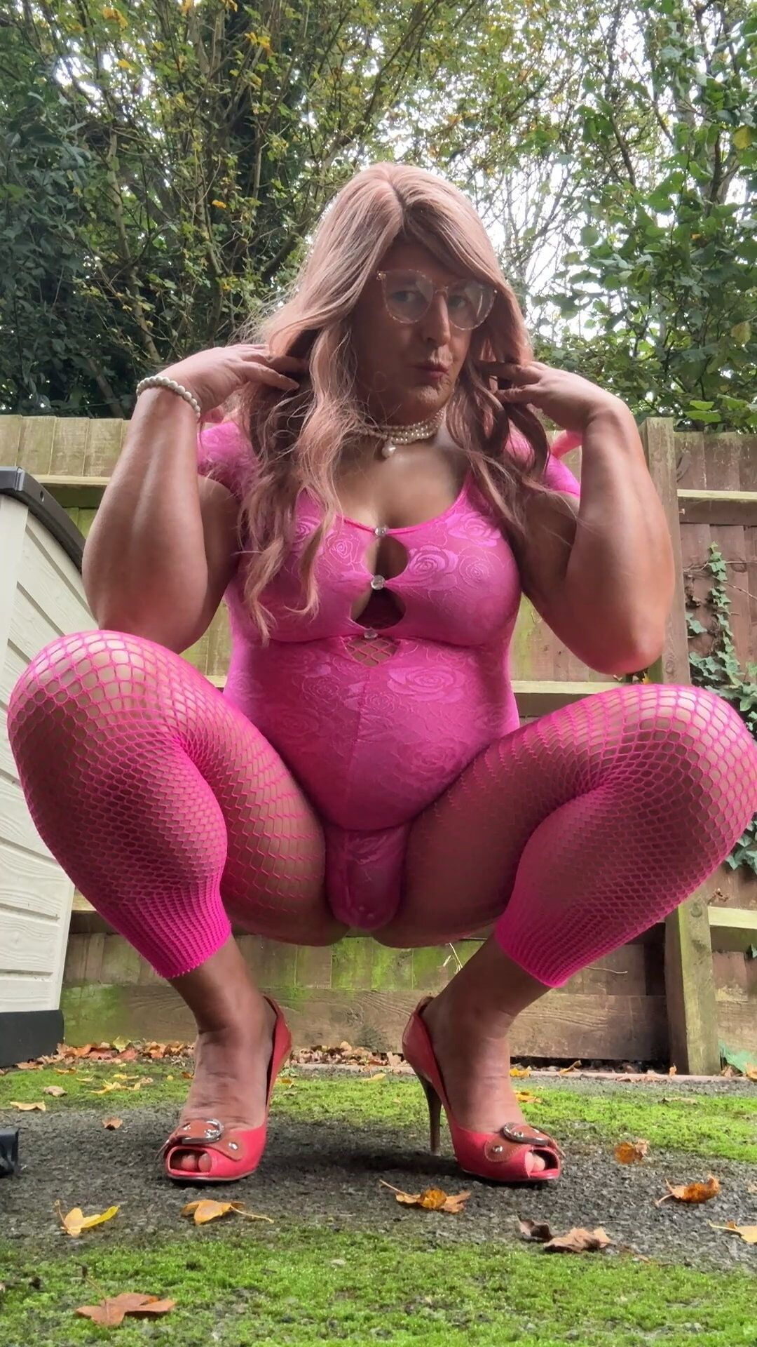 Crossdresser kellycd2022 in pink playsuit and fishnets  #47