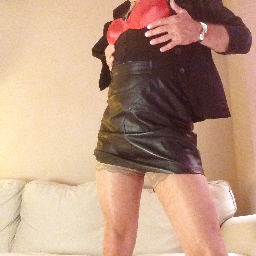 Kinky in leather skirt, stockings, satin lingerie #8