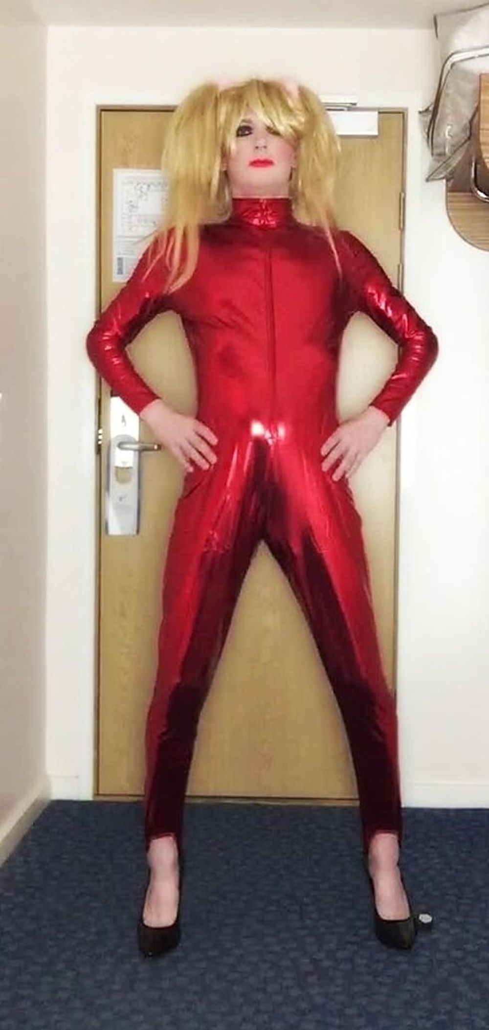 Sissy red shiny catsuit #13