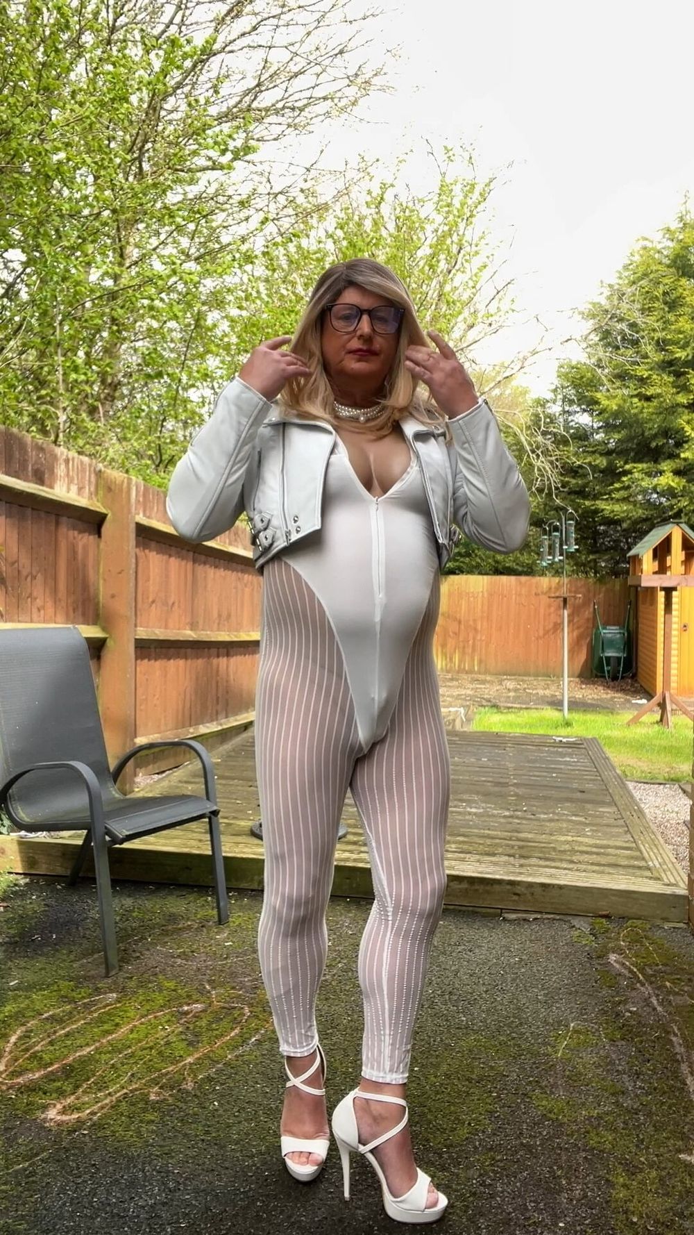 Amateur crossdresser Kellycd2022 sexy Milton white catsuit  #60