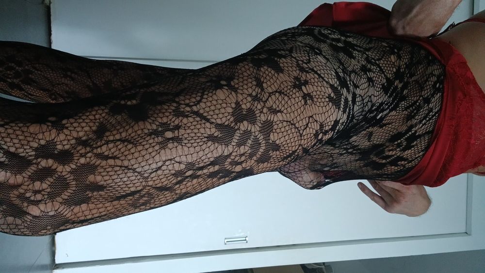 Fishnet pantyhose red nightie  #6