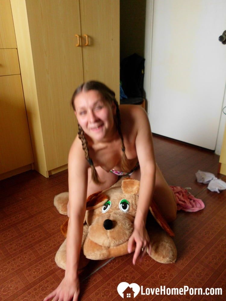 Horny girlfriend humps a big dog plushie #2