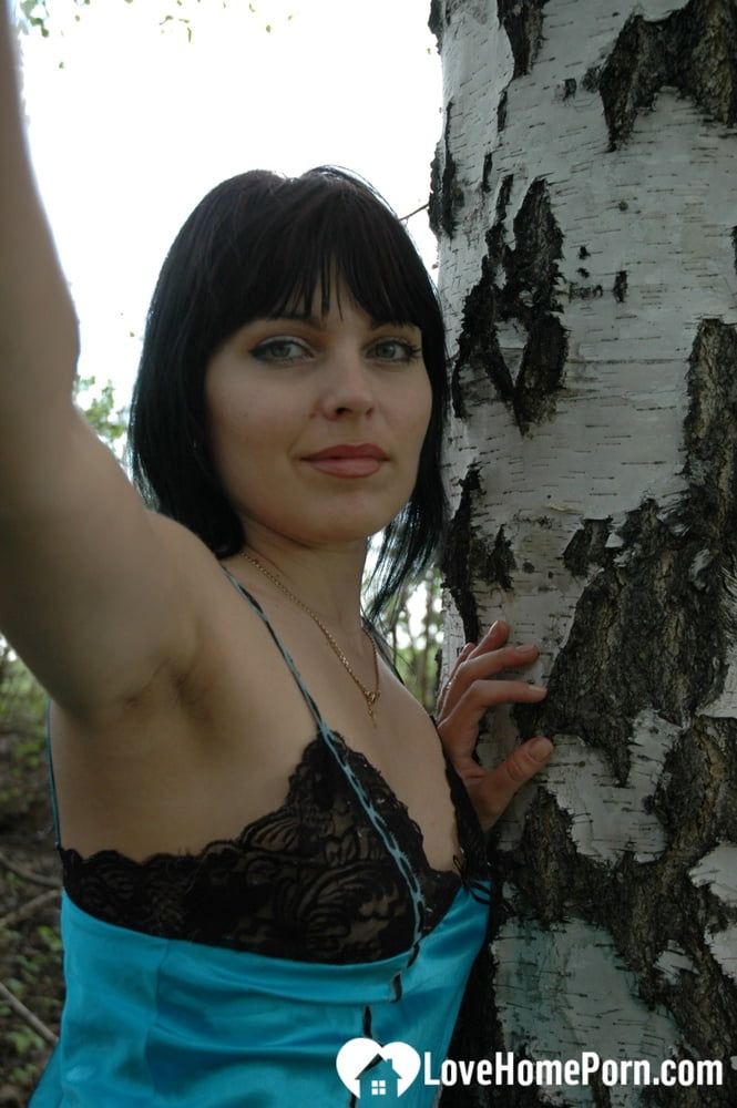 Lusty mom in lingerie posing in the woods #8