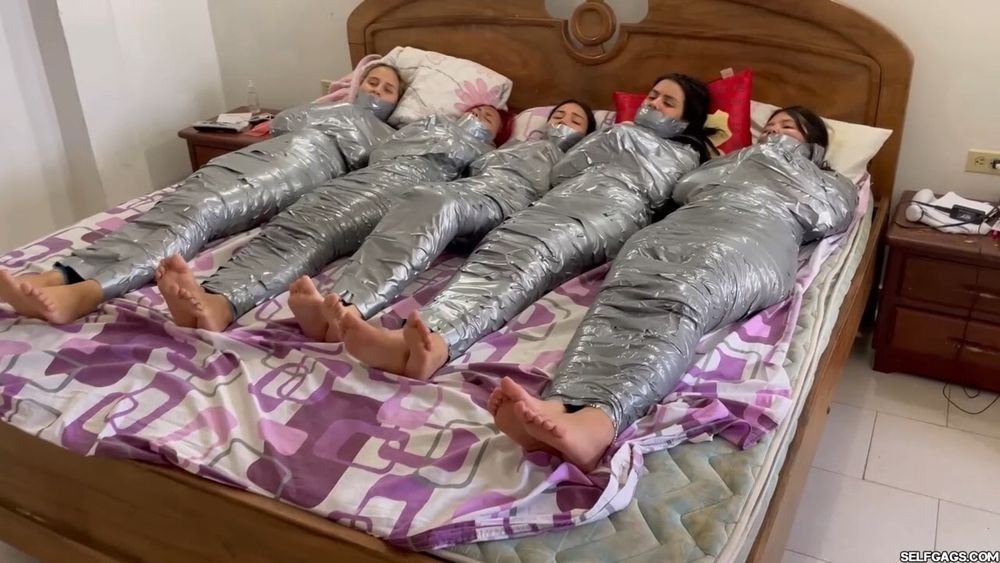 5 Mummified Girls Barefoot In Duct Tape Bondage #28