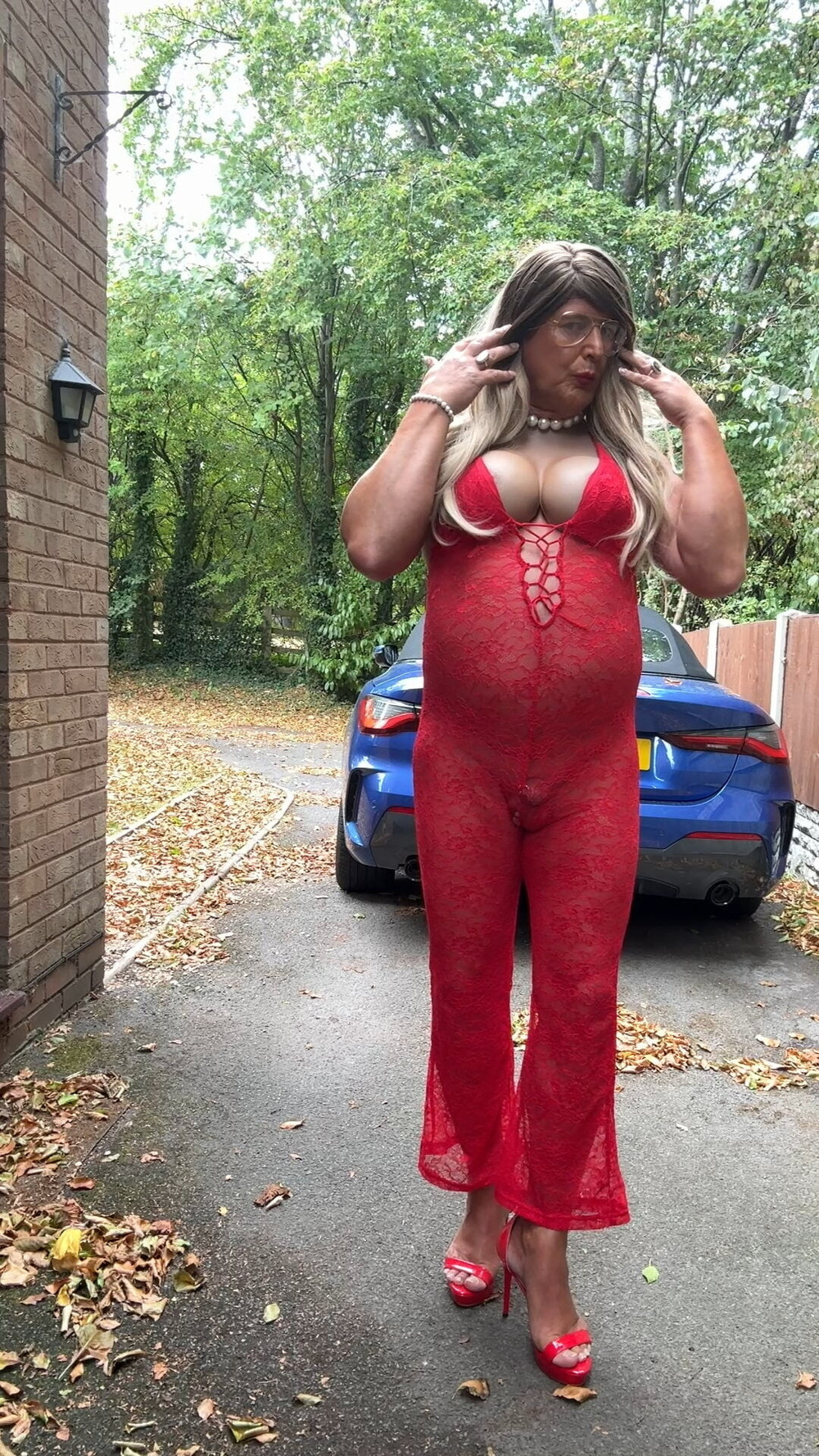 Sexy Crossdresser kellycd2022 in red lace jumpsuit and heels #8