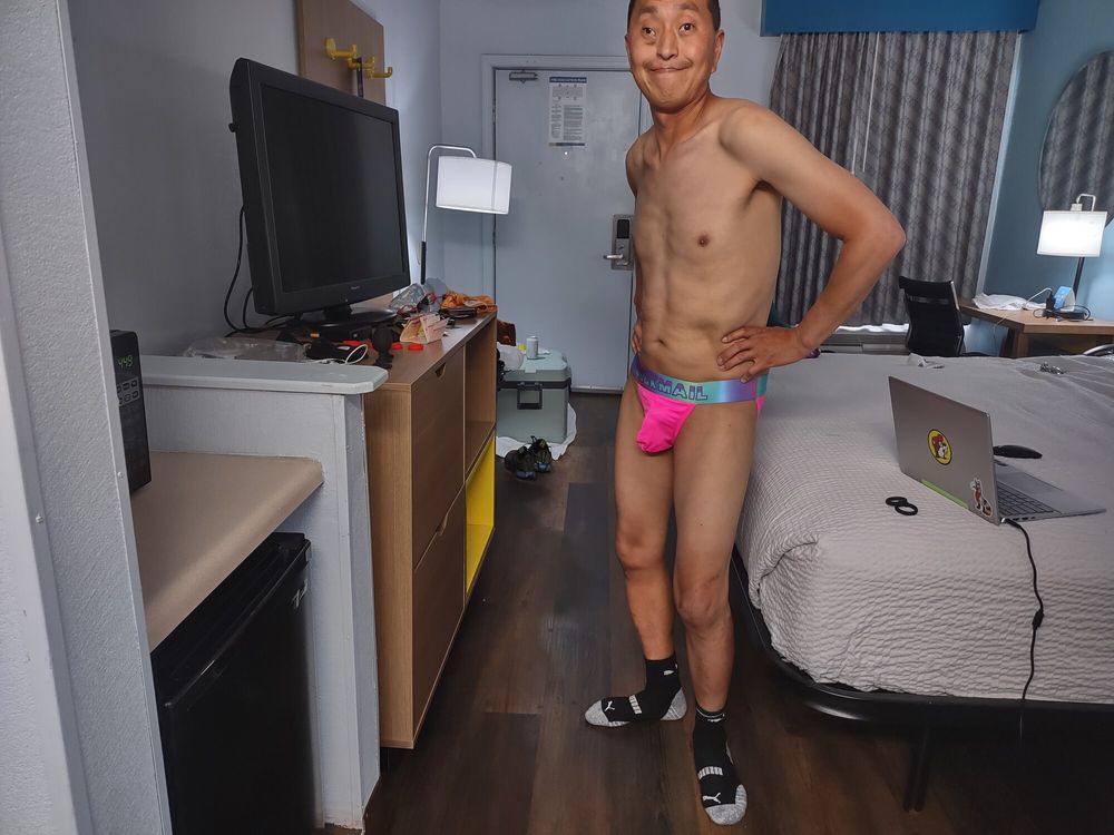 Posing in my new Pink and Blue Jockmail underwear