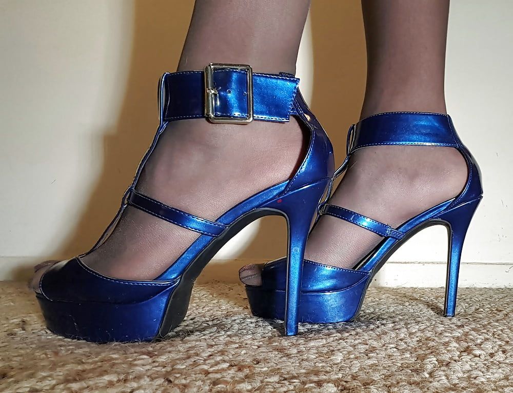 Pantyhose and Shiny Blue Heels #8